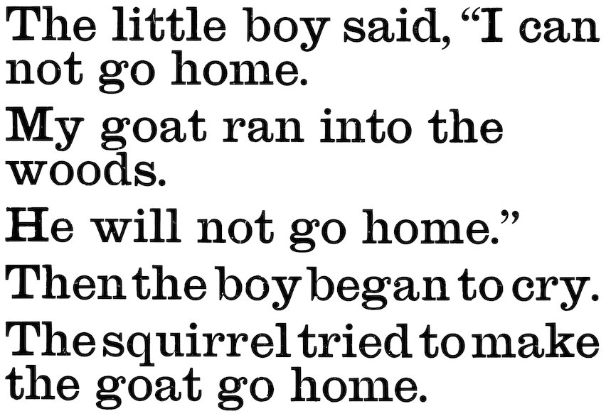 The little boy said, “I can not go home. My goat ran into the woods. He will not go home.” Then the boy began to cry. The squirrel tried to make the goat go home.