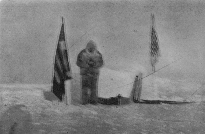 PEARY WITH CHRONOMETER, SEXTANT AND ARTIFICIAL HORIZON AT THE POLE