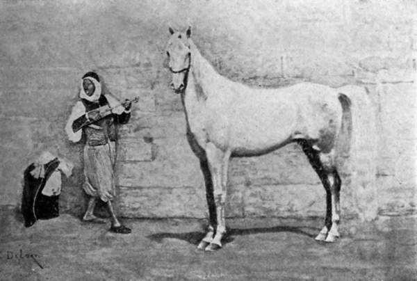 Man in Arab garb holding musical instrument next to a horse.