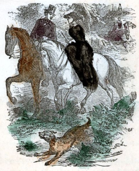 man and Grace on horseback, with dog running alongside
