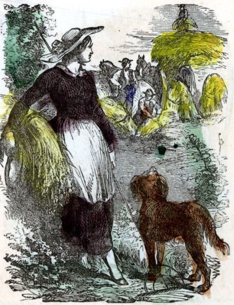 Jane carrying sheaf of grain, with dog