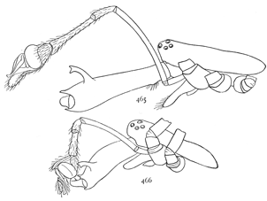 Figs. 465, 466. Cephalothorax, mandible, and palpus of males.—465, Tetragnatha
grallator. 466, Tetragnatha extensa.