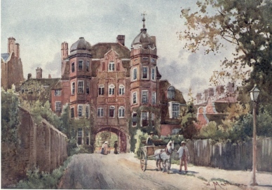 NEWNHAM COLLEGE, GATEWAY

This shows the east front, and is called the Pfeiffer Building. The
whole of the buildings are in the Queen Anne style, and were designed by
Basil Champneys. The Bronze Gates were placed here as a memorial to Miss
Clough.